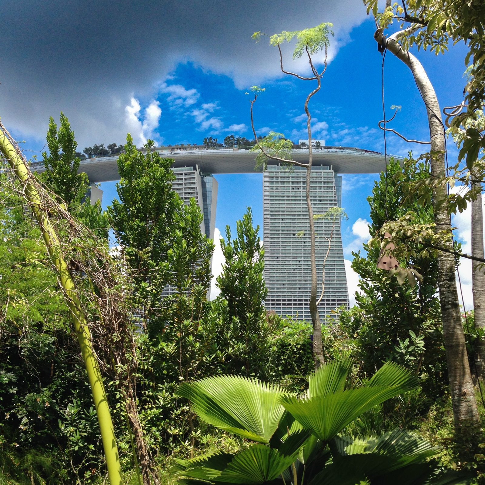 Marina Bay Sands mit den drei Türmen und dem SkyPark von unten